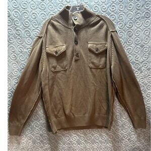 Haggar Mens Brown Knit Mock Neck‎ Button Up Pullover Sweater L G
